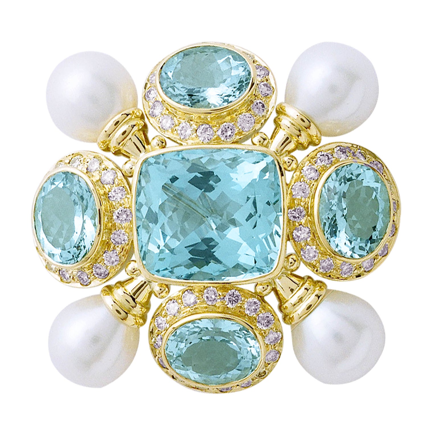 Brooch - Aquamarine, Pearl And Diamond