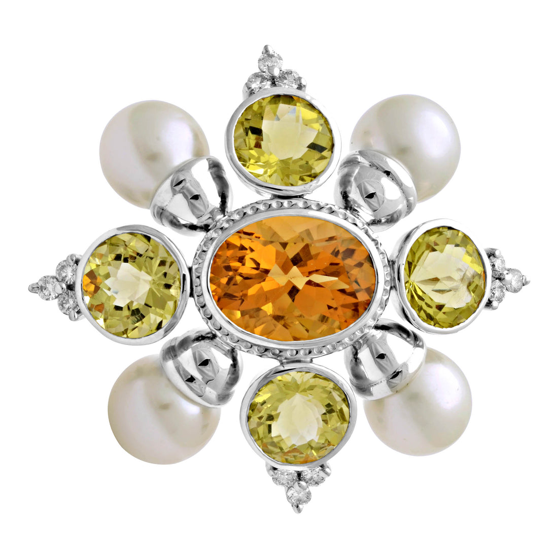 Brooch - Citrine, Lemon Quartz, South Sea Pearl And Diamond