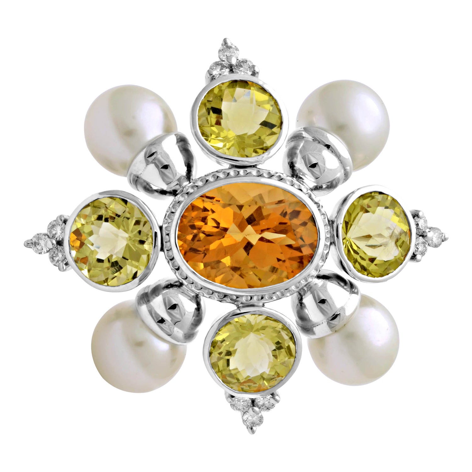 Brooch - Citrine, Lemon Quartz, South Sea Pearl And Diamond