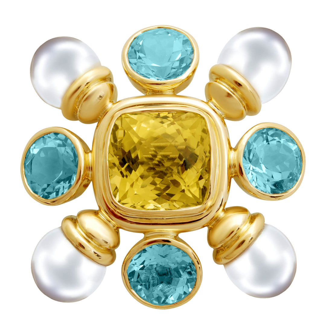 Brooch - Blue Topaz, Lemon Quartz And Freshwater Pearl