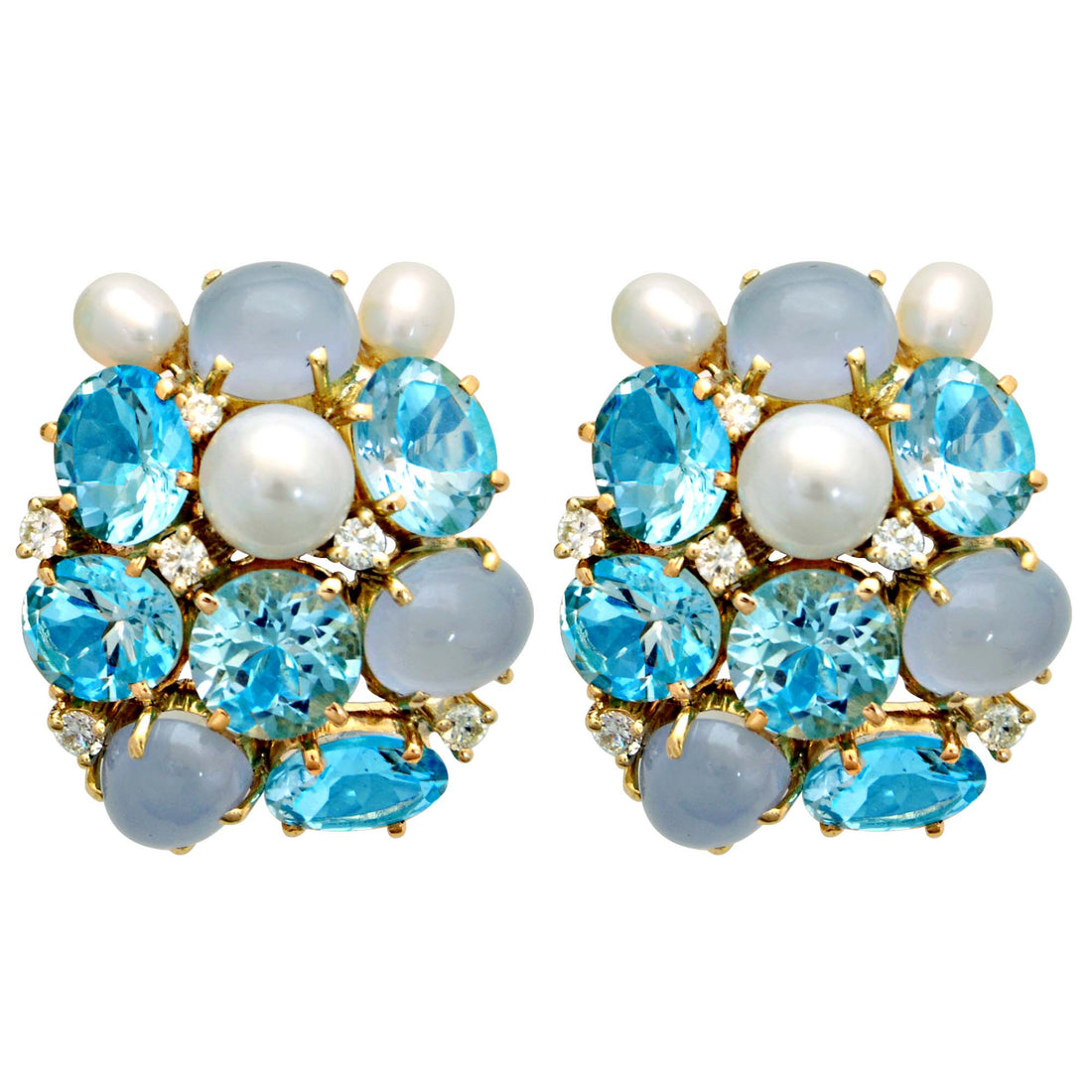 Earrings - Blue Topaz, Chalcedony, Pearl and Diamond | Singhvi Jewels
