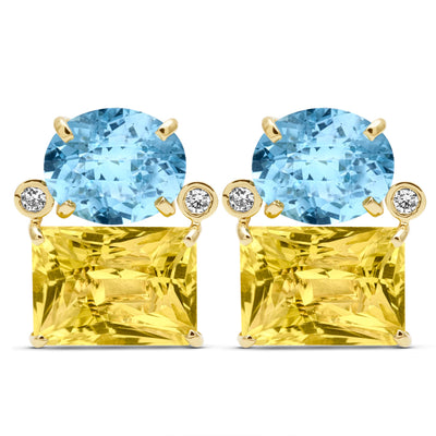 Earrings - Blue Topaz, Lemon Quartz And Diamond