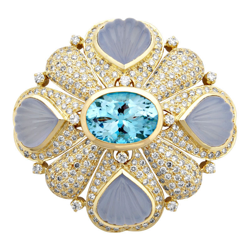 Brooch- Blue Topaz, Chalcedony And Diamond (1844E) | Singhvi Jewels