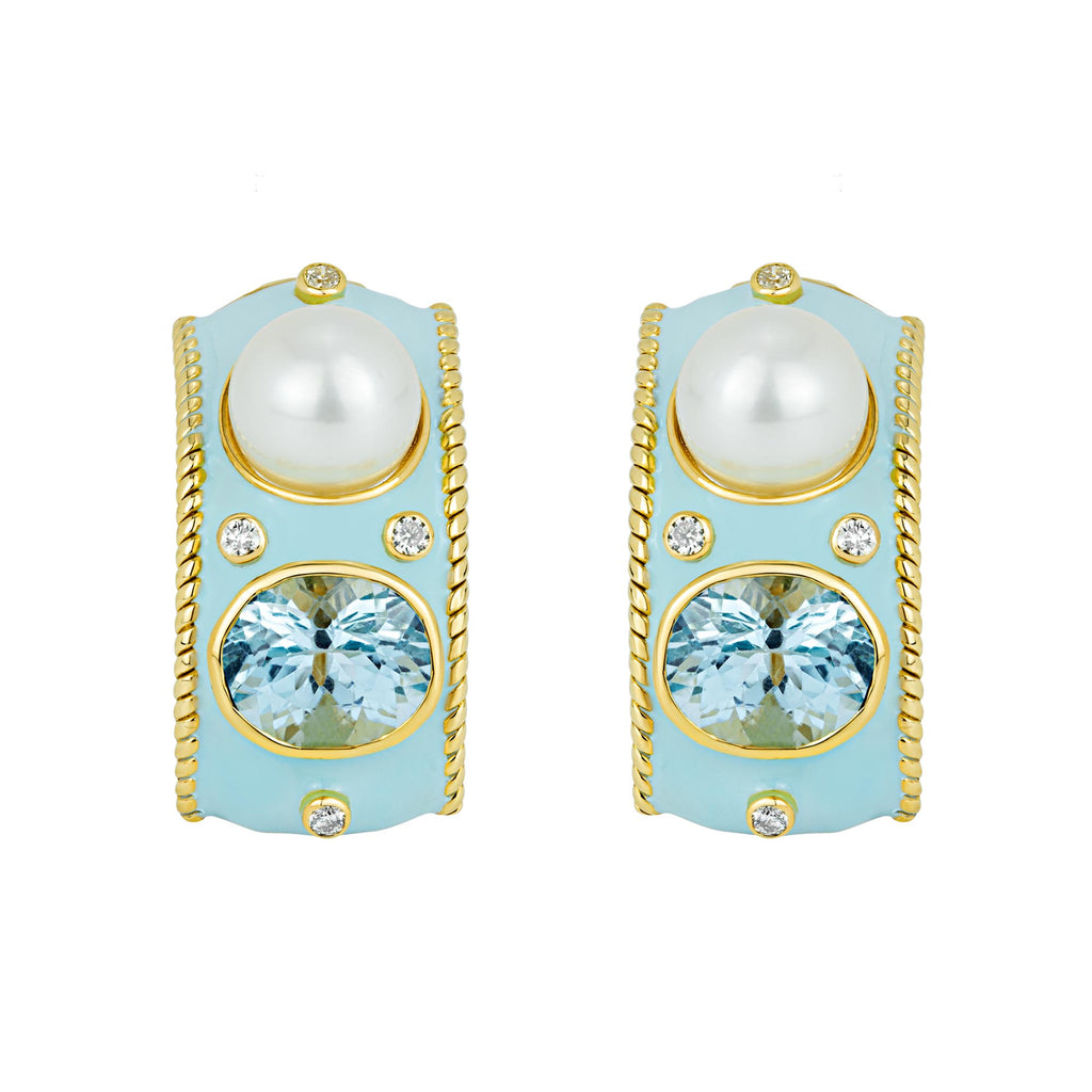 Earrings - Blue Topaz, South Sea Pearl And Diamond (enamel)