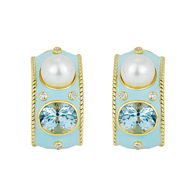 Earrings - Blue Topaz, South Sea Pearl And Diamond (Enamel)