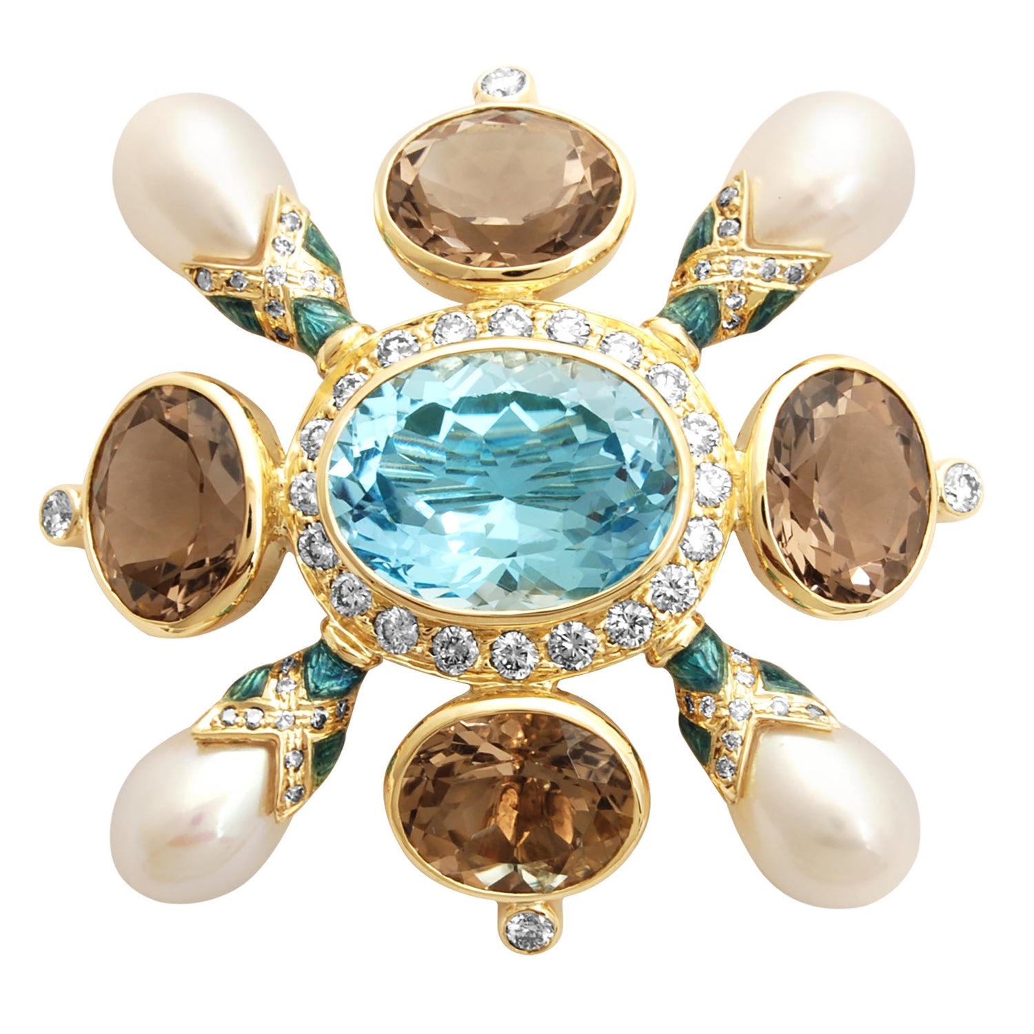 Brooch - Blue Topaz, Smokey Quartz, Fresh Water Pearl and Diamond (Enamel) | Singhvi Jewels
