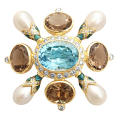 Brooch- Blue Topaz, Fresh Water Pearl, Smokey Quartz & Diamond (enamel)