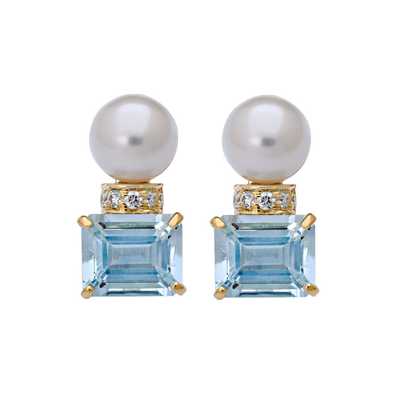 Earrings - South Sea Pearl, Aquamarine and Diamond in 18K Gold