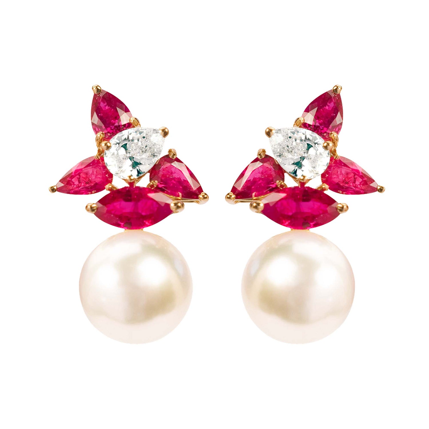 Earrings - South Sea Pearl, Ruby and Crystal | Singhvi Jewels
