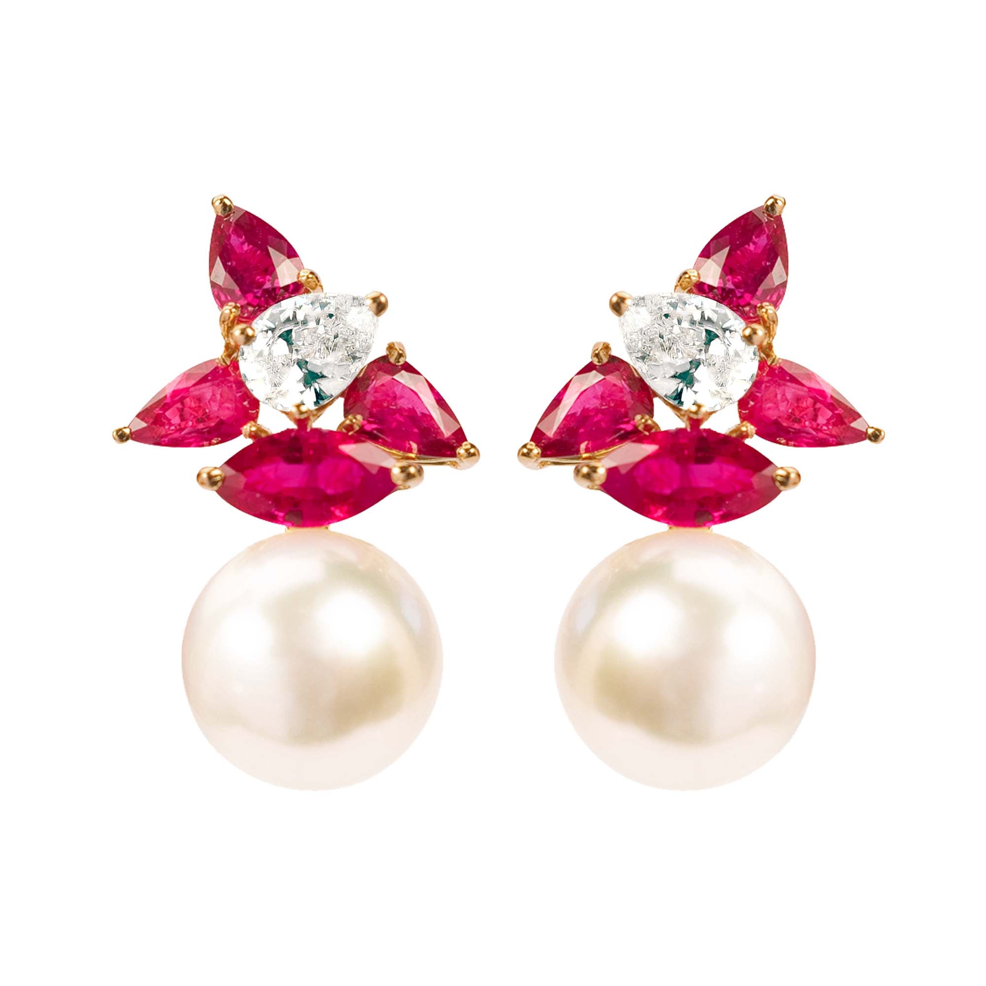 Earrings - South Sea Pearl, Ruby and Crystal | Singhvi Jewels