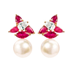 Earrings - South Sea Pearl, Ruby and Cubic Zirconia
