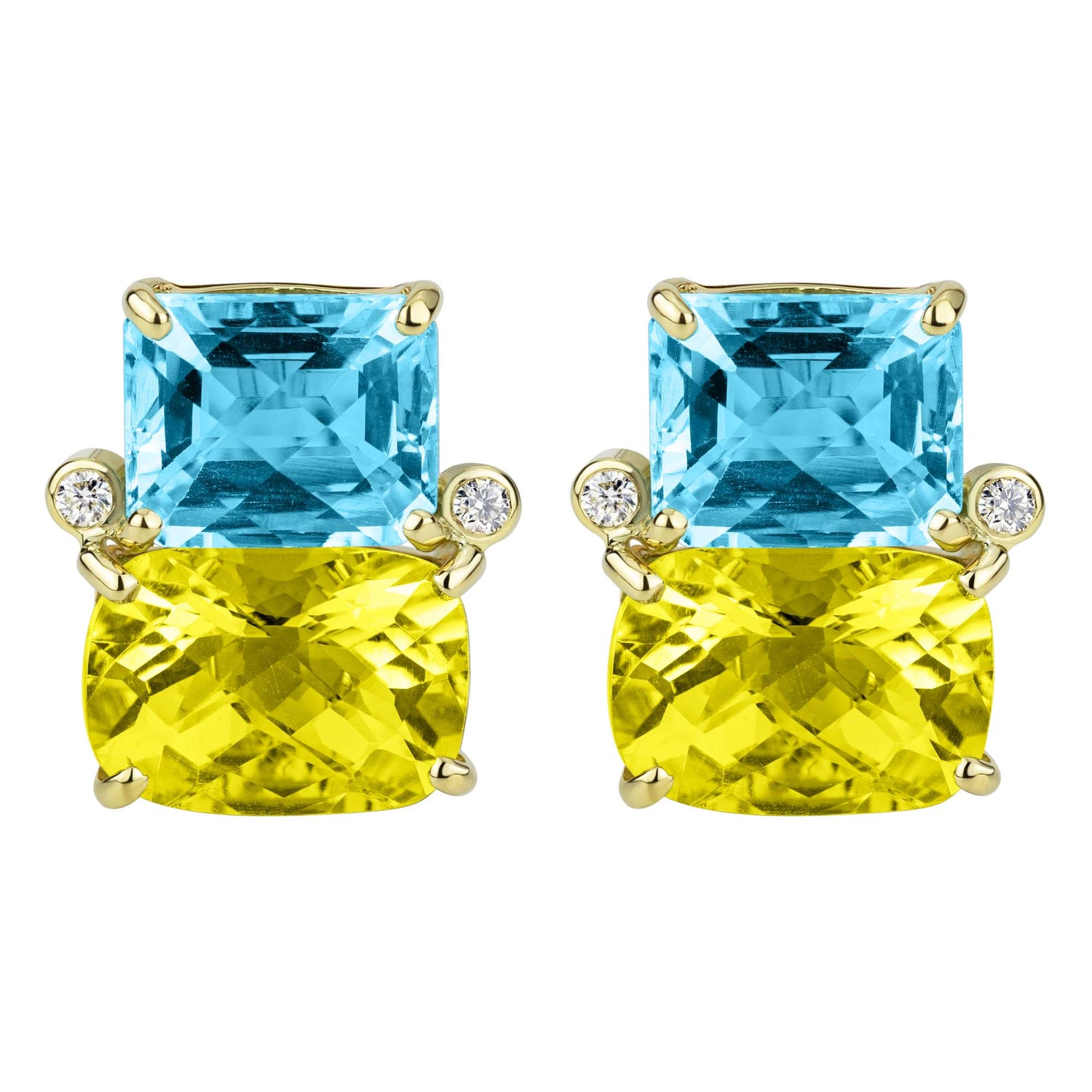 Earrings - Blue Topaz, Lemon Quartz And Diamond