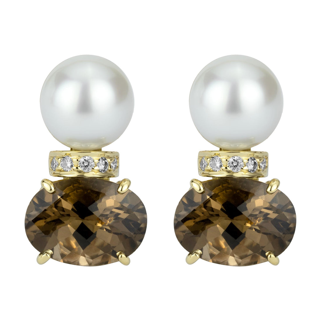 Earrings - South Sea Pearl, Smoky Quartz And Diamond