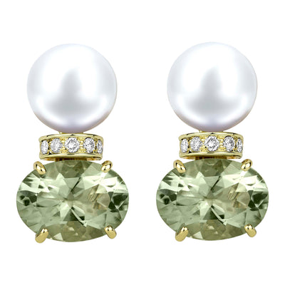 Earrings - South Sea Pearl, Green Quartz And Diamond (2310B)