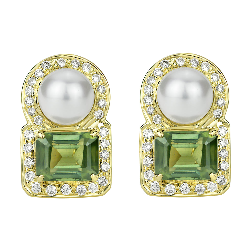 Earrings - South Sea Pearl, Green Tourmaline and Diamond in 18K Gold