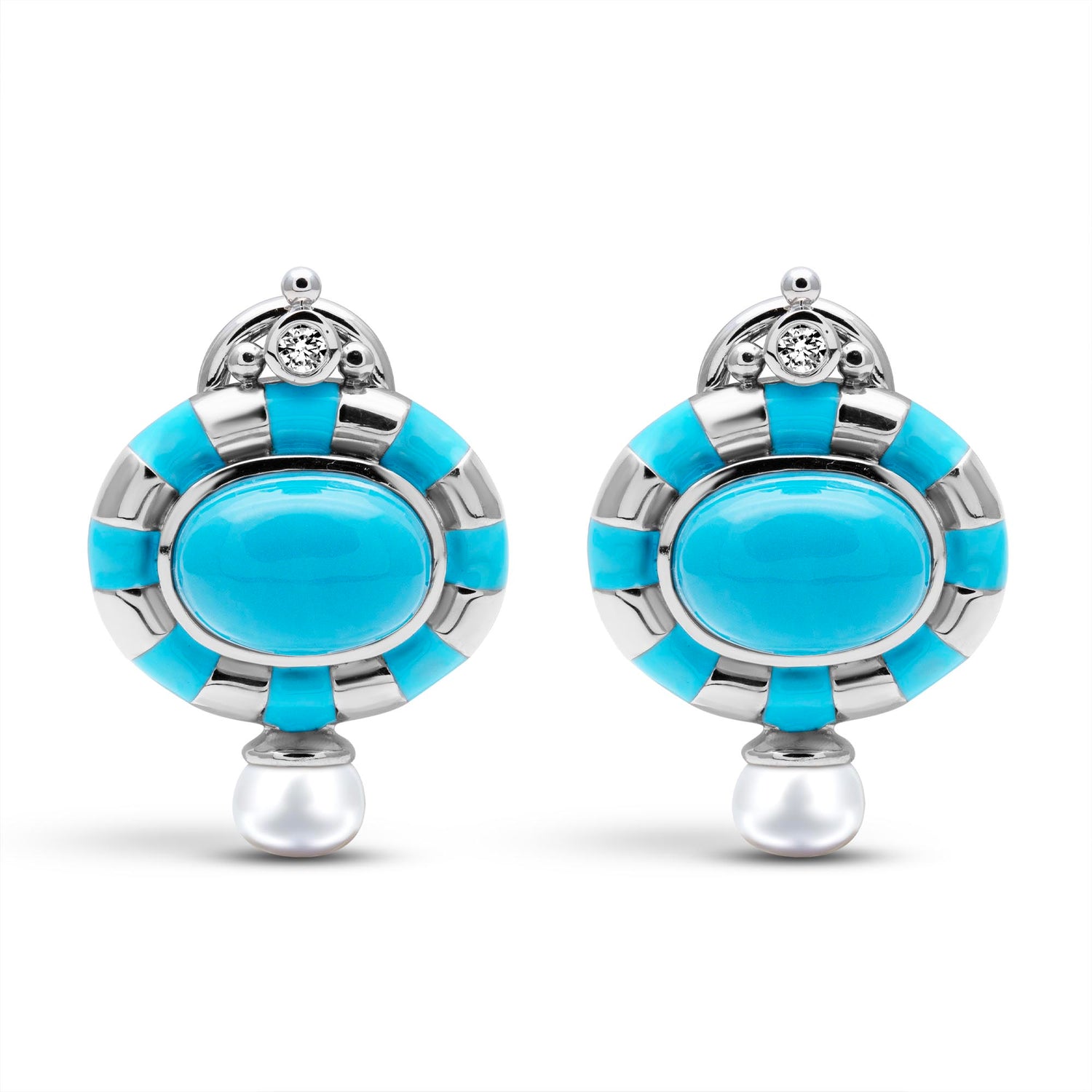 Earrings - Simulated Turquoise, Freshwater Pearl And Diamond (Enamel) | Singhvi Jewels