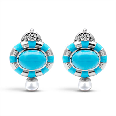 Earrings - Simulated Turquoise, Freshwater Pearl And Diamond (Enamel) (338BS
)