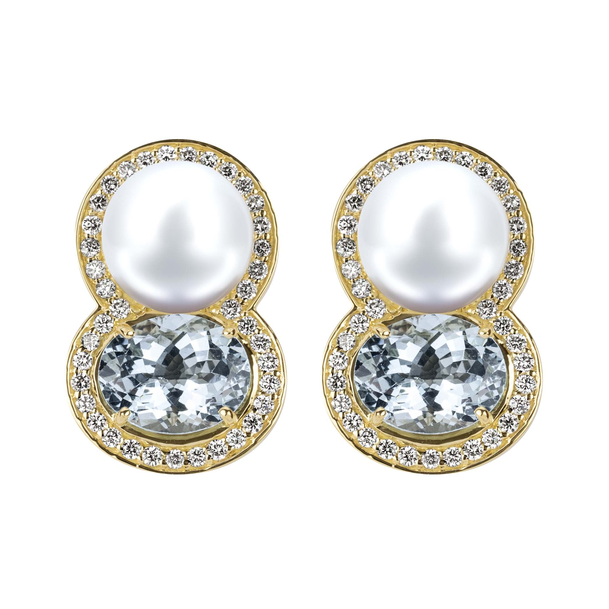 Earrings - South Sea Pearl, Aquamarine And Diamond