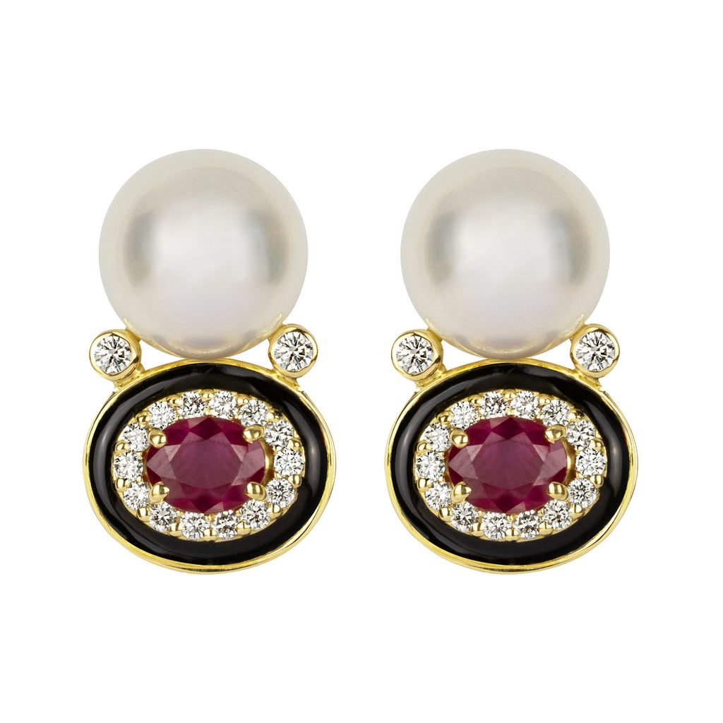 Earrings - South Sea Pearl, Ruby And Diamond (Enamel)