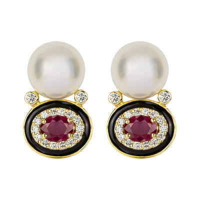 Earrings - South Sea Pearl, Ruby And Diamond (Enamel)