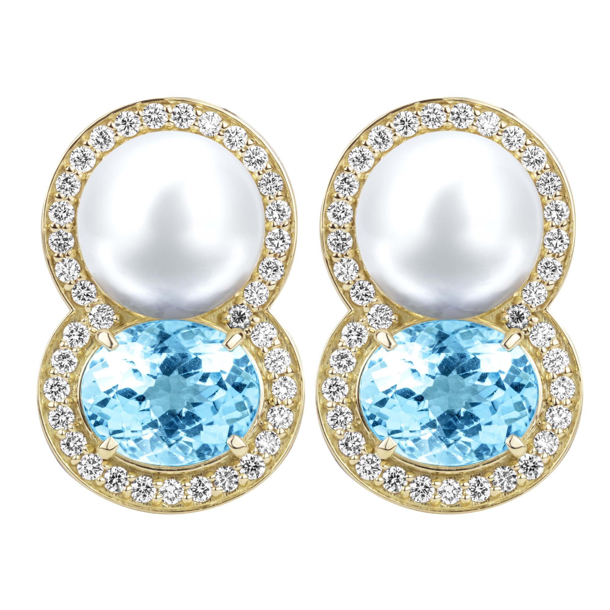 Earrings - Blue Topaz, South Sea Pearl And Diamond