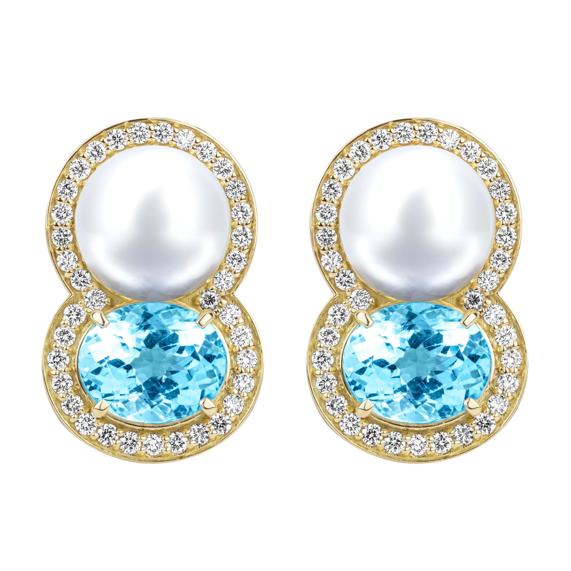 Earrings - Blue Topaz, South Sea Pearl And Diamond
