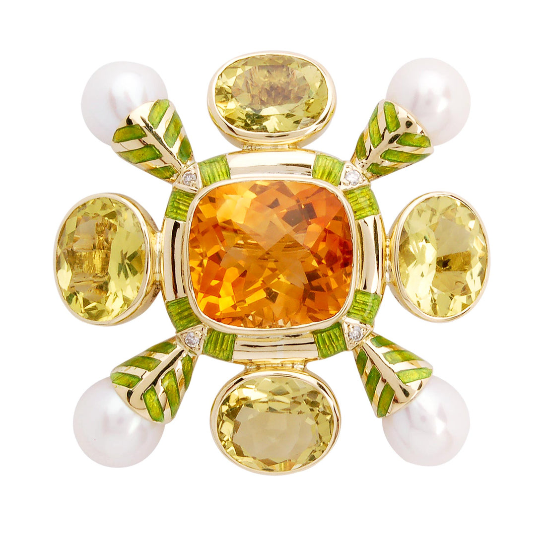 Brooch - Pearl, Lemon Quartz, Citrine and Diamond (Enamel) | Singhvi Jewels