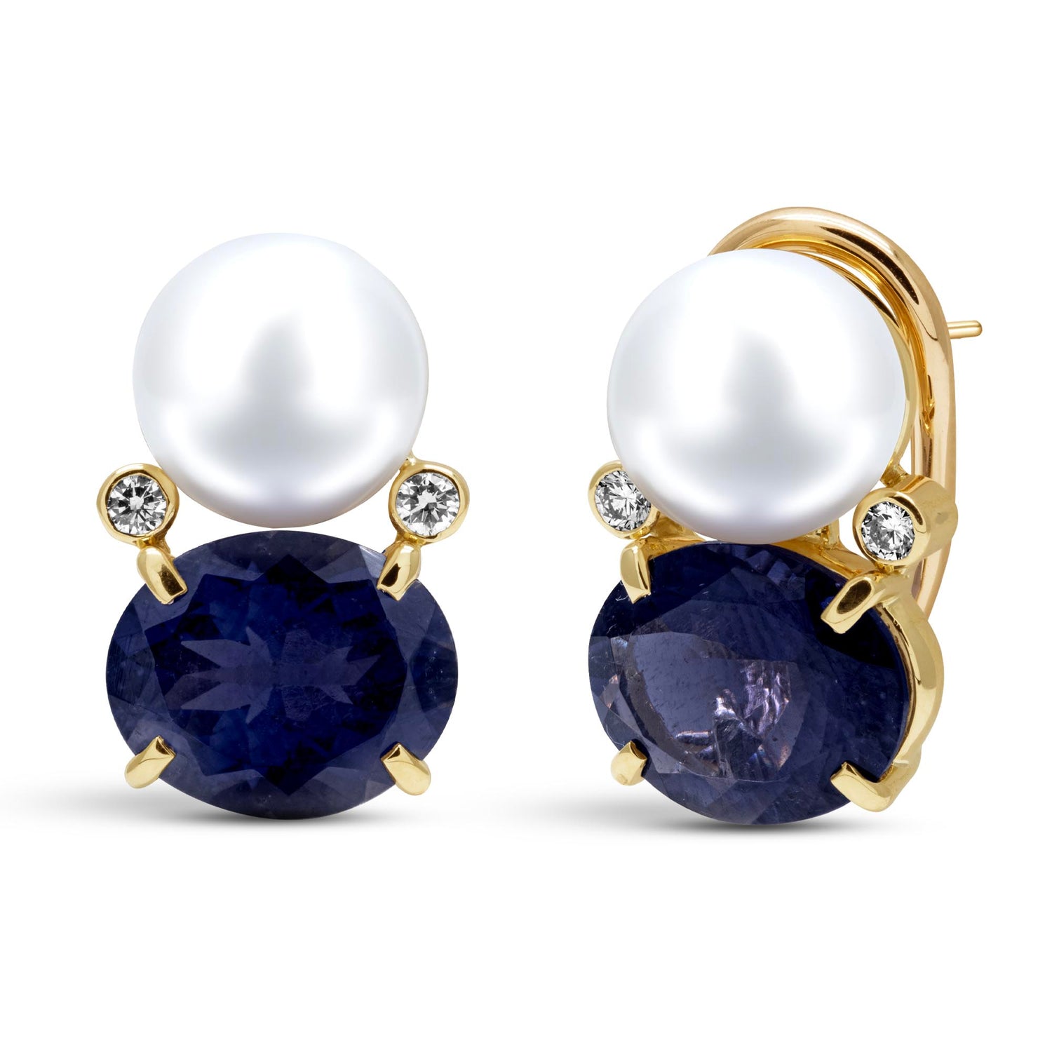Earrings - South Sea Pearl, Iolite And Diamond In 18K Gold