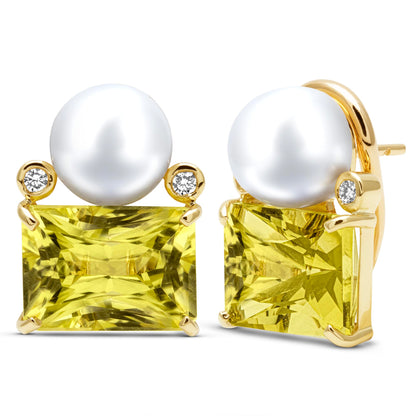Earrings - South Sea Pearl, Lemon Quartz And Diamond