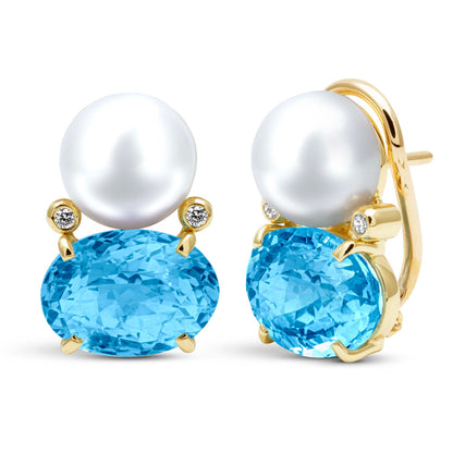 Earrings - South Sea Pearl, Blue Topaz And Diamond