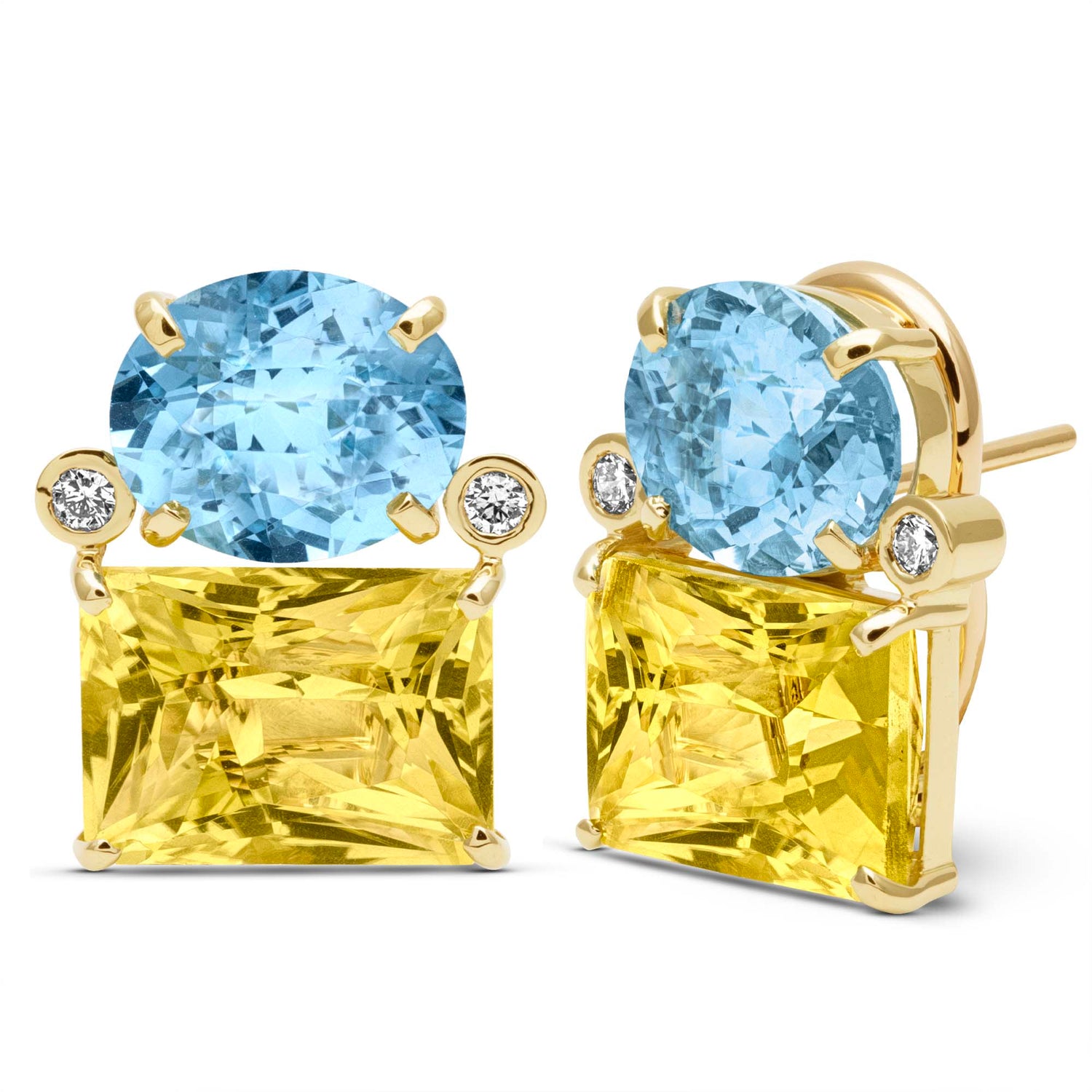 Earrings - Blue Topaz, Lemon Quartz And Diamond