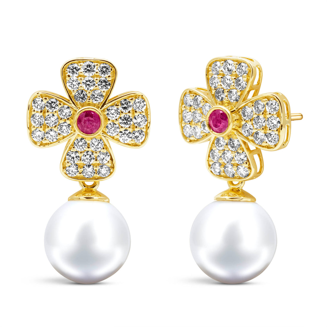 Earrings - Ruby, South Sea Pearl And Diamond