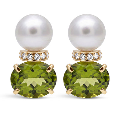 Earrings - Peridot, South Sea Pearl And Diamond