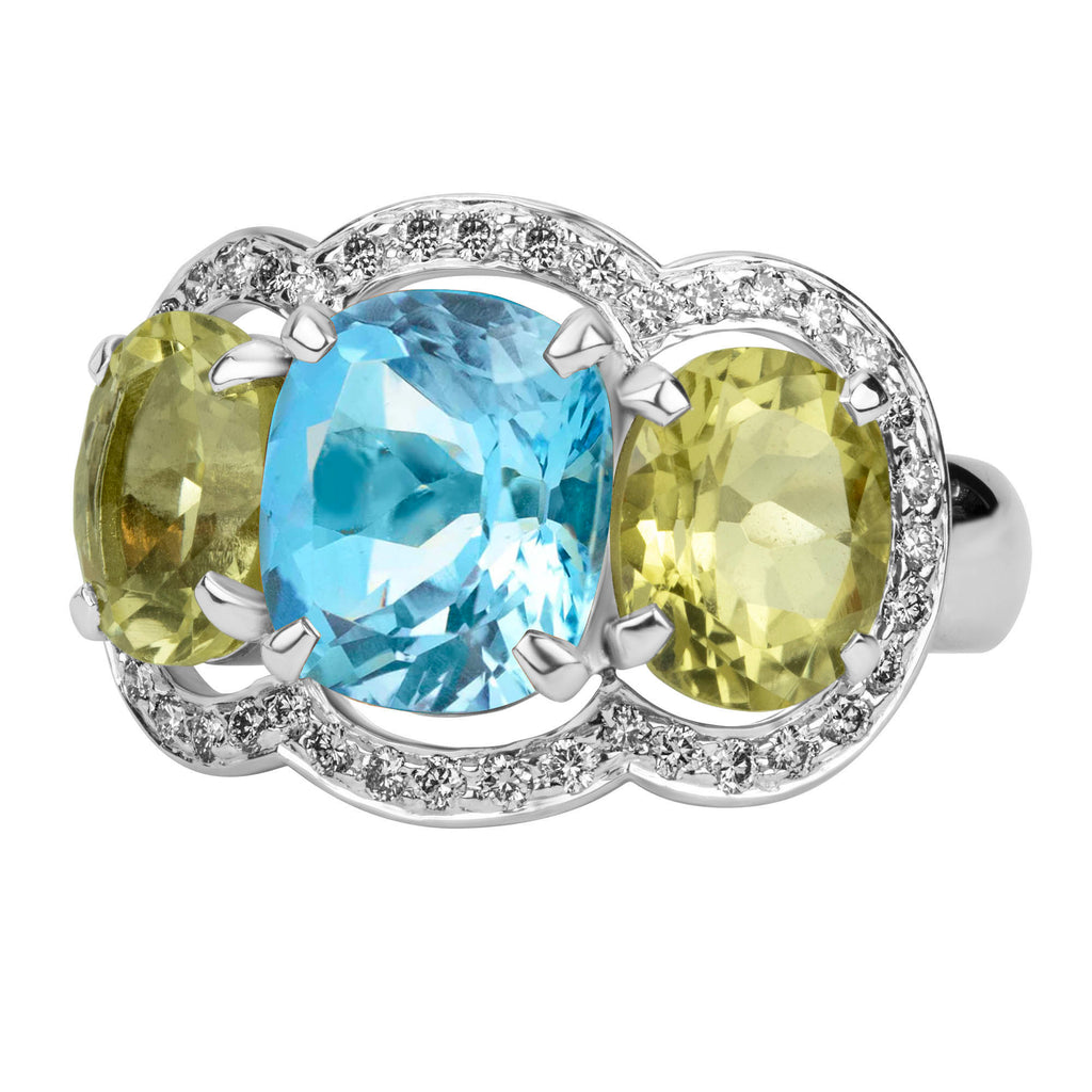 Ring - Blue Topaz, Lemon Quartz And Diamond (319BS)