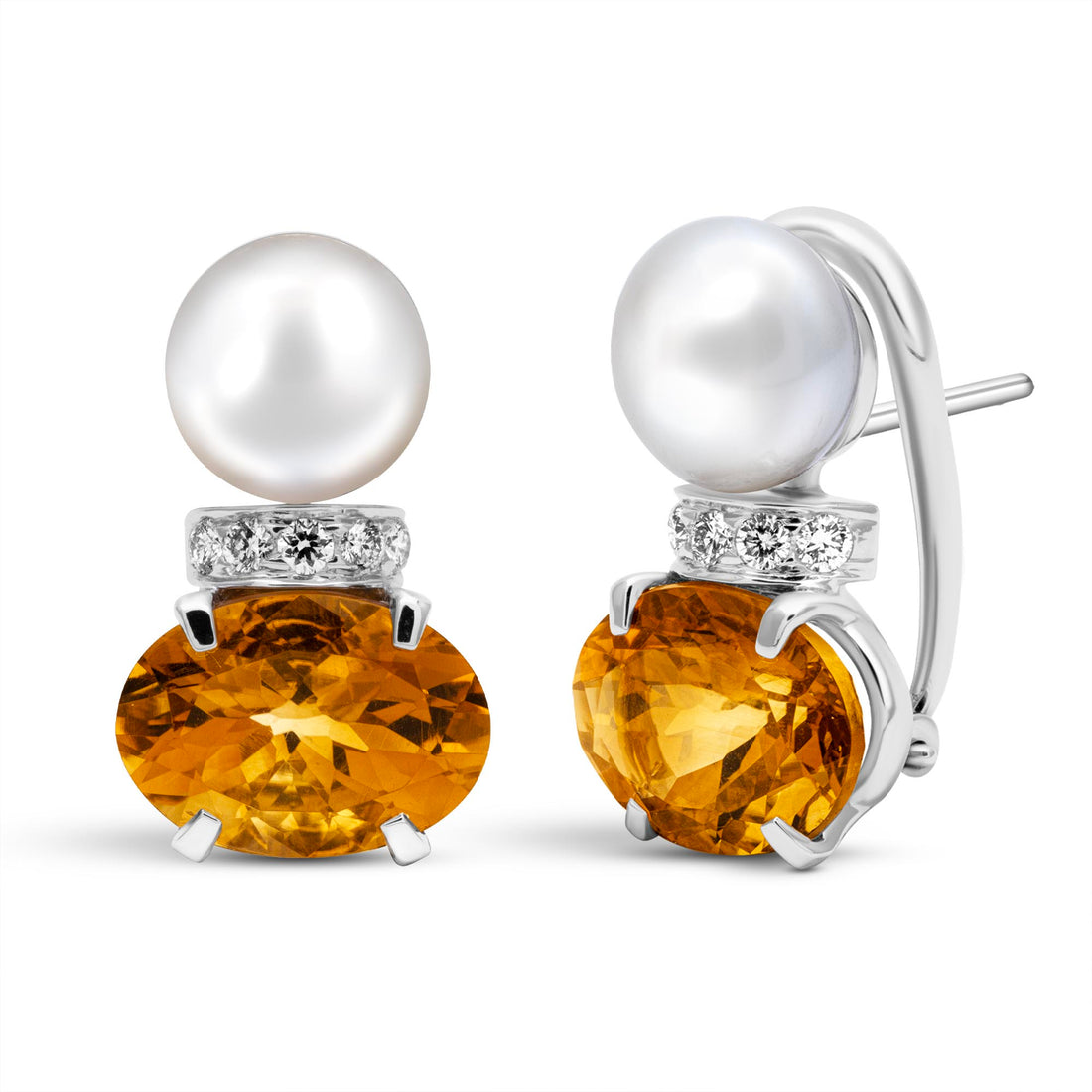 Earrings - Freshwater Pearl, Citrine And Diamond