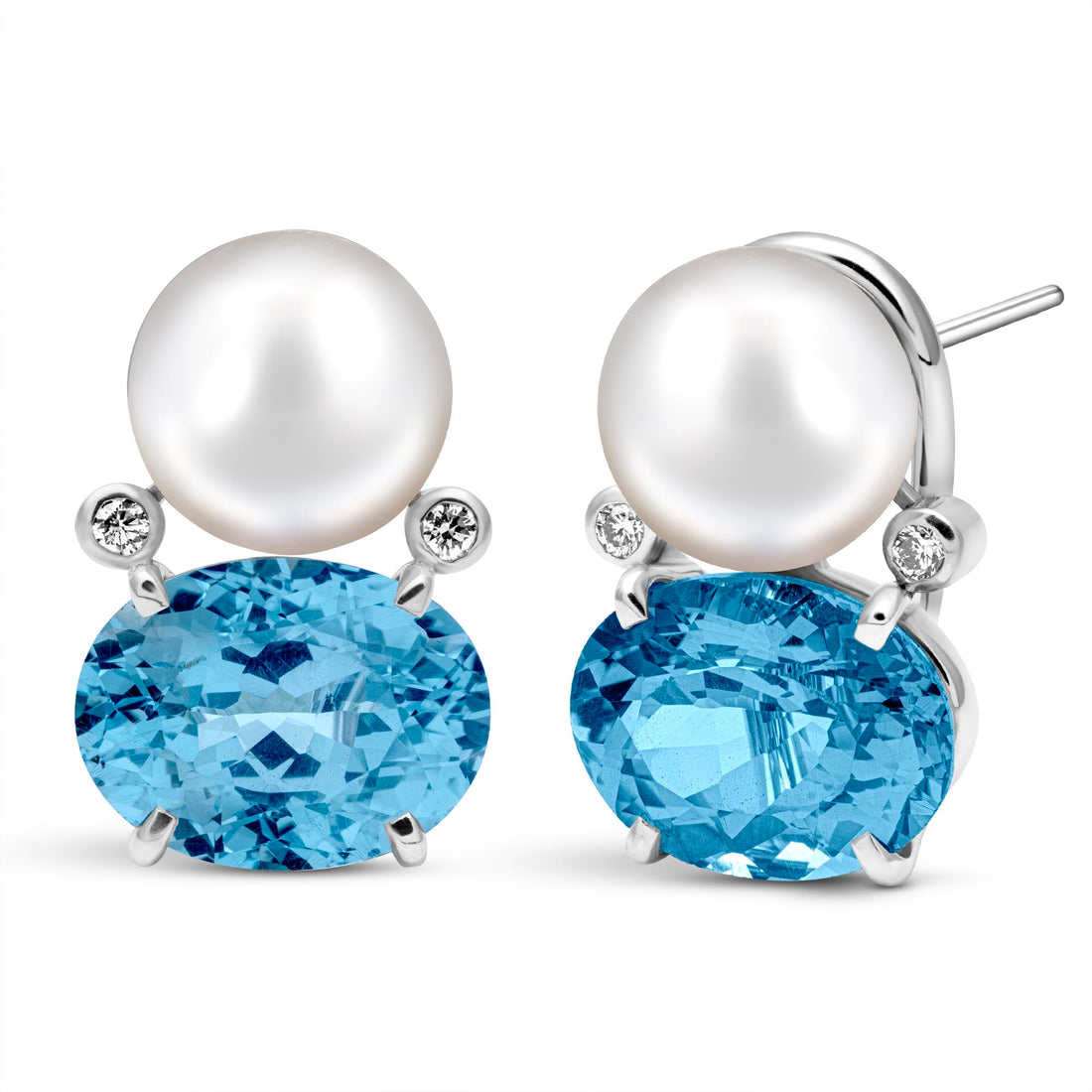 Earrings - Freshwater Pearl, Blue Topaz And Diamond