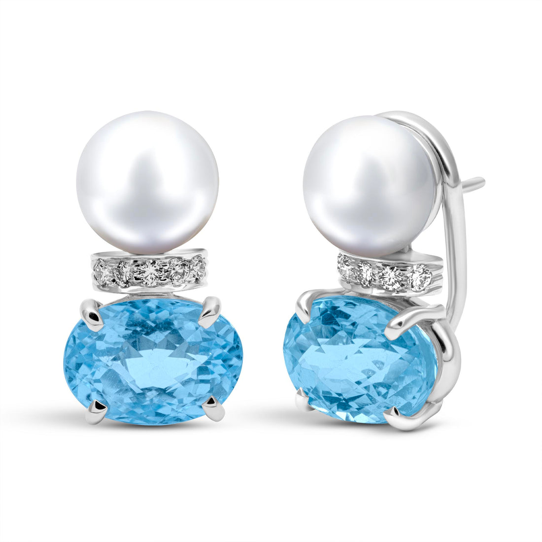 Earrings - Freshwater Pearl, Blue Topaz And Diamond