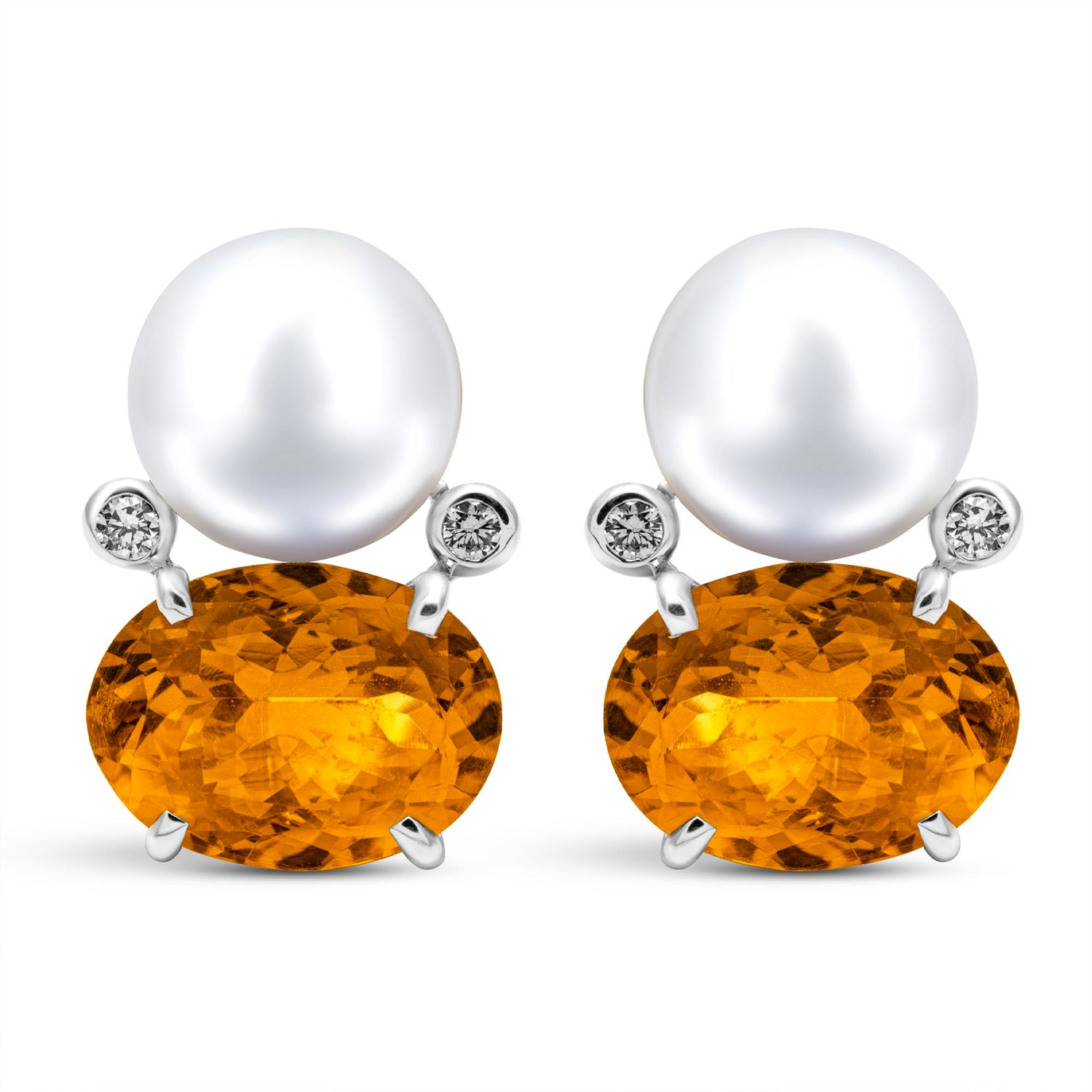 Earrings - Freshwater Pearl, Citrine And Diamond