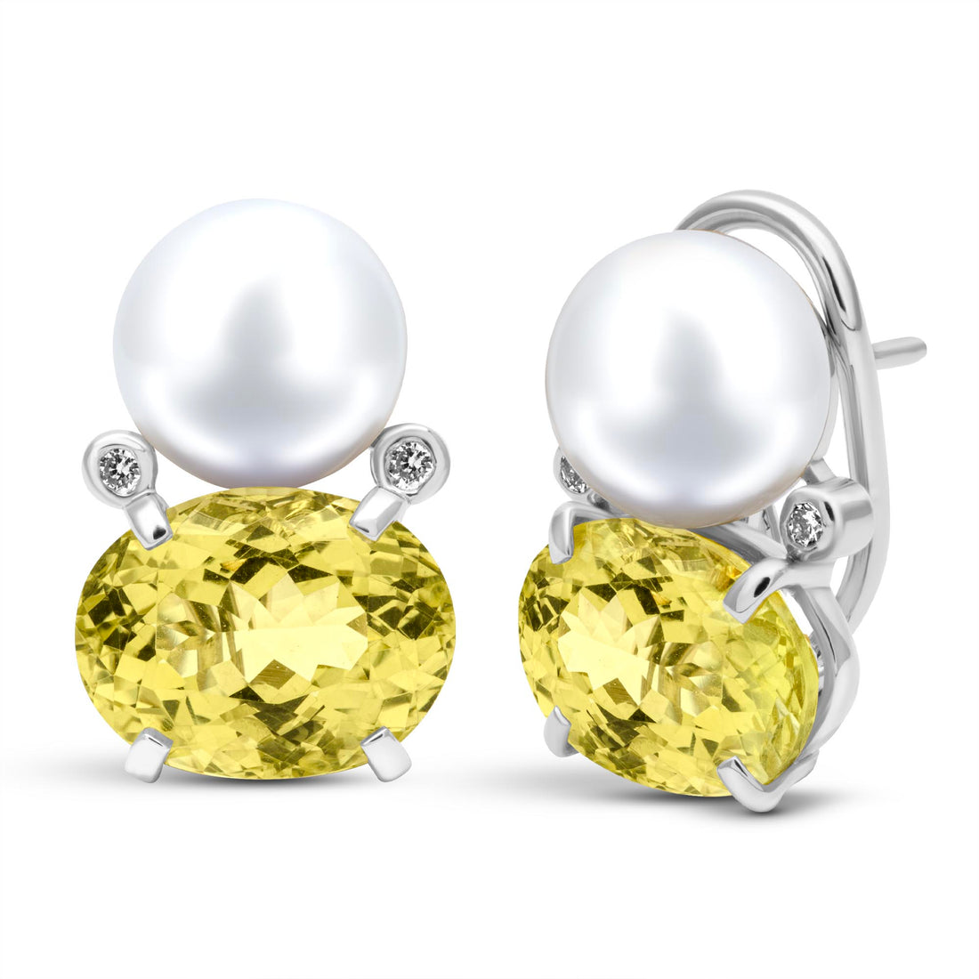 Earrings - Freshwater Pearl, Lemon Quartz And Diamond