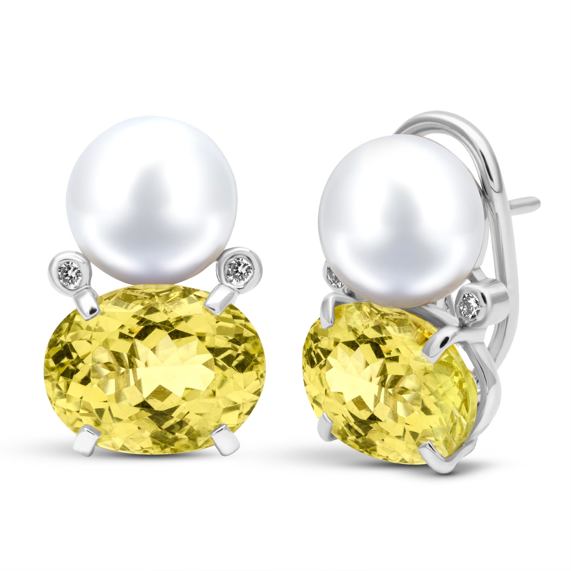 Earrings - Freshwater Pearl, Lemon Quartz And Diamond