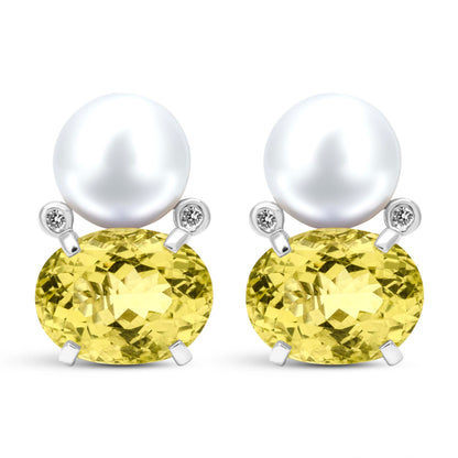 Earrings - Fresh Water Pearl, Lemon Quartz And Diamond (333BS) | Singhvi Jewels