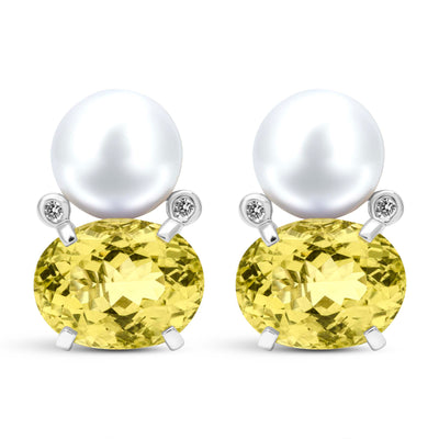 Earrings - Freshwater Pearl, Lemon Quartz And Diamond (333BS)
