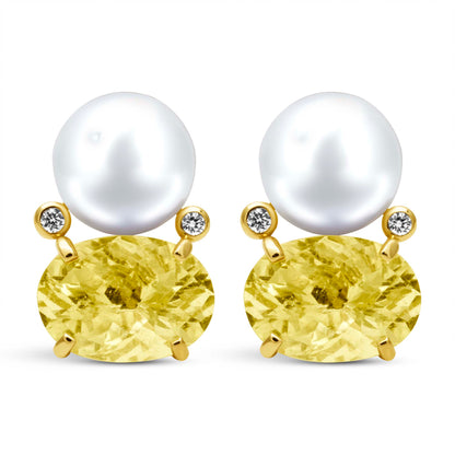 Earrings - South Sea Pearl, Lemon Quartz And Diamond | Singhvi Jewels