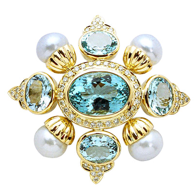 Brooch - Aquamarine, Pearl And Diamond