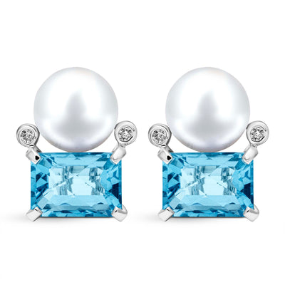 Earrings - Freshwater Pearl, Blue Topaz And Diamond