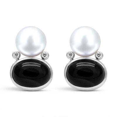 Earrings - Freshwater Pearl, Black Onyx And Diamond