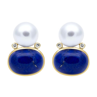Earrings - South Sea Pearl, Lapis Lazuli And Diamond