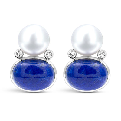 Earrings - Freshwater Pearl, Lapis Lazuli And Diamond