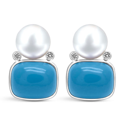 Earrings - Freshwater Pearl, Simulated Turquoise And Diamond (333AS)