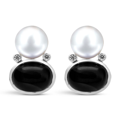 Earrings - Freshwater Pearl, Black Onyx And Diamond